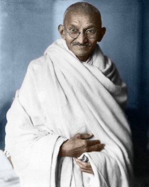 Mahatma Gandhi 'nin el boyaması, Londra 1931. Hindistan 'ın İngiliz yönetiminden kurtulması için şiddet içermeyen direniş kampanyası yürüten Hintli Hintli avukatın renkli görüntüsü, sivil haklar ve özgürlük hareketlerine ilham veriyor..