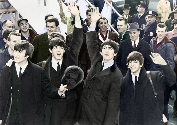 Ręczne Kolorowanie Beatles America Przybywających Lotnisko Johna Kennedy Ego 1964 — Zdjęcie stockowe