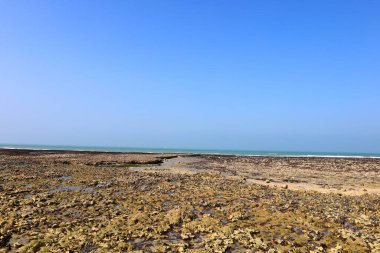 Normandiya 'nın kuzeyindeki Saint-Lonard' da La Roche-qui-pleure plajında manzara 