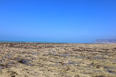 Normandiya 'nın kuzeyindeki Saint-Lonard' da La Roche-qui-pleure plajında manzara 