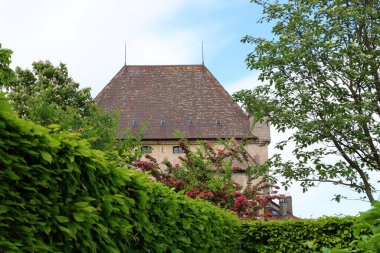 Auvergne-Rhone-Alpes bölgesindeki Haute-Savoie departmanının Yvoire kasabasında yer alan Yvoire şatosunun manzarası.