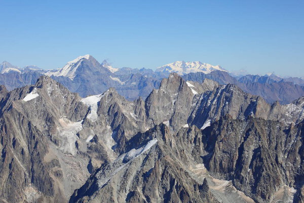 view from the Aiguille du Midi which is a summit of France located in Haute-Savoie, in the Mont-Blanc massif, above Chamonix-Mont-Blanc