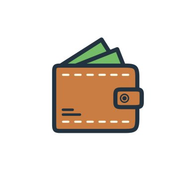 Üzerinde banknotlar olan vektör kahverengi cüzdan. Beyaz arka planda izole edilmiş cüzdan simgesi. Çevrimiçi ödeme kavramı. Vektör illüstrasyonu