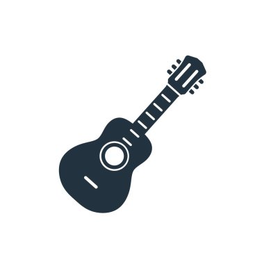 Akustik gitarın beyaz arka planda izole edilmiş son moda düz tarzdaki vektör simgesi. Web ve mobil uygulama için gitarist sembolü. Vektör illüstrasyonu