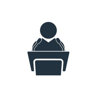 Beyaz arka planda izole edilmiş moda düz stil konuşan konferans ikonu Men. Web ve mobil uygulamalar için konuşma sembolleri. Vektör illüstrasyonu