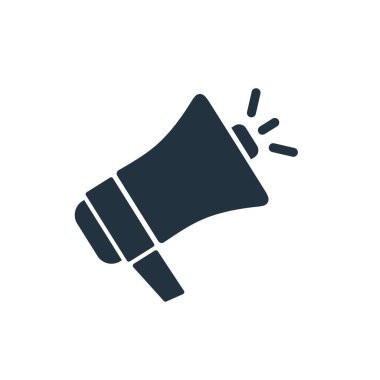 Beyaz arkaplanda izole edilmiş modayı takip eden megafon simgesi. Web ve mobil uygulamalar için sözcü sembolü.