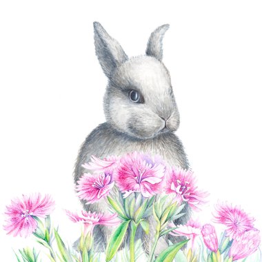 Vahşi karanfillerin arasında şirin bir Paskalya tavşanının suluboya resmi.