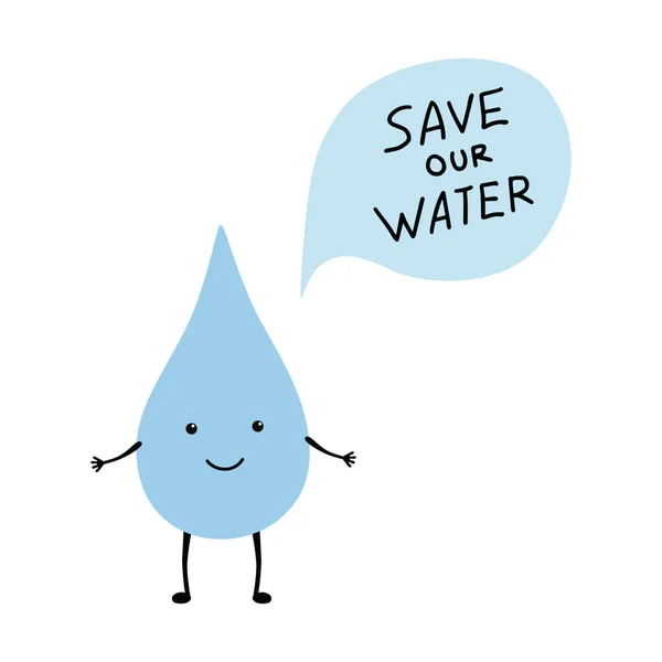 Blauwe druppel tekenfilm karakter vraagt Save our water. — Stockvector