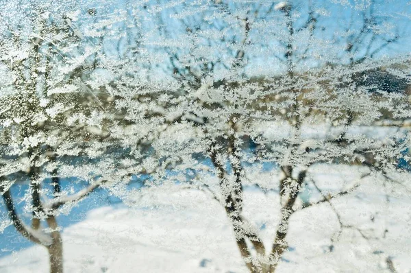 Padrão de gelo flocos de neve com luz solar no vidro da janela de inverno — Fotografia de Stock