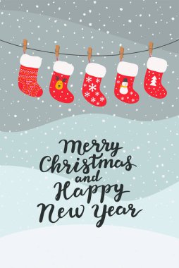 Noel çoraplı tebrik kartı. Vektör illüstrasyonu.
