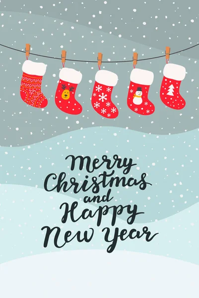 Noel çoraplı tebrik kartı. Vektör illüstrasyonu.
