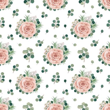 Gül ve okaliptüs dikişsiz desen, vektör çiçekli suluboya tasarımı.