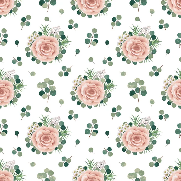 Gül ve okaliptüs dikişsiz desen, vektör çiçekli suluboya tasarımı.