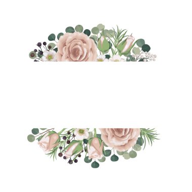 Çiçek çerçevesi, şeftali ağacı, yeşil okaliptüs taze yeşillik, böğürtlen buketi