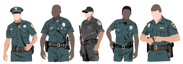 Vektor Uppsättning Polis Olika Uniform Myra Olika Rase Afroamerikanska Indianska — Stock vektor