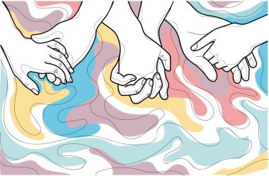  Grafik renk arkaplanı ile el ele tutuşan vektör illüstrasyonu siyah hatları 