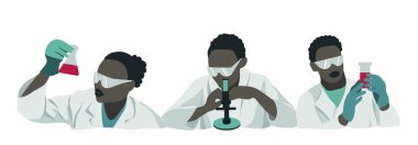 Afro-Amerikan bilim adamlarının laboratuarda mataraları ve mikroskobuyla, sıvı, kimyager ve siyah insanlarla dolu mataraları tutarken ki vektör çizimi..
