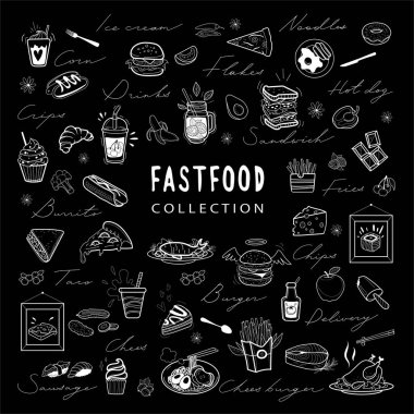  Fast food kafe ögeleri ve dekorasyonlarının vektör kümesi, yazı tipleri ve sözcükler tahtaya veya tebeşir tahtasına, menü için beyaz ana hatlı tasarım.