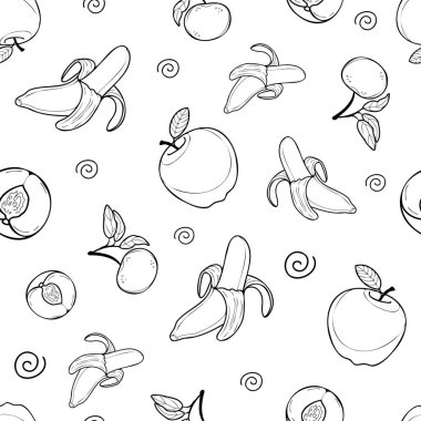 Muz, şeftali, portakal ve elma içeren vektör meyve deseni, siyah ana hatlı tasarım.