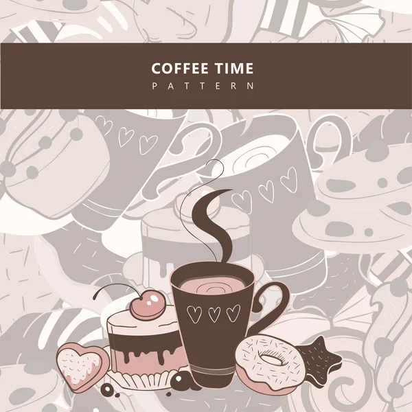 矢量甜味图案与插图元素杯 甜甜圈和装饰 棕色涂鸦设计 — 图库矢量图片
