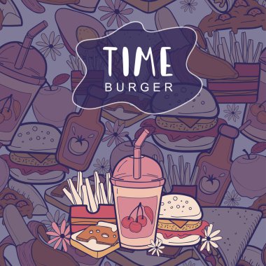  İzole edilmiş elementlerle birlikte taşıyıcı fast food modeli. Renkli karalama tasarımı.