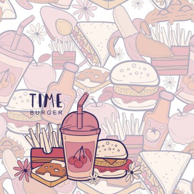  İzole edilmiş elementlerle birlikte taşıyıcı fast food modeli. Renkli karalama tasarımı.