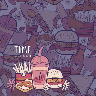  İzole edilmiş elementlerle birlikte taşıyıcı fast food modeli. Renkli karalama tasarımı.