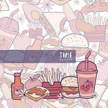  İzole edilmiş elementlerle birlikte taşıyıcı fast food modeli. Renkli karalama tasarımı.