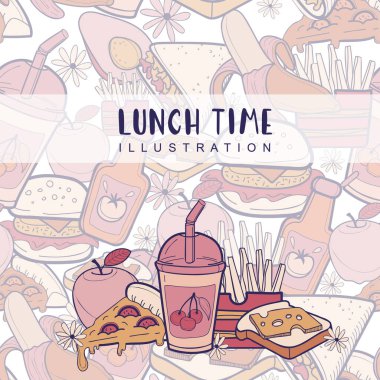  İzole edilmiş elementlerle birlikte taşıyıcı fast food modeli. Renkli karalama tasarımı.