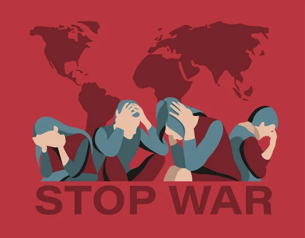 病媒说明停止战争 抽象平面人 世界地图 红色和蓝色 — 图库矢量图片