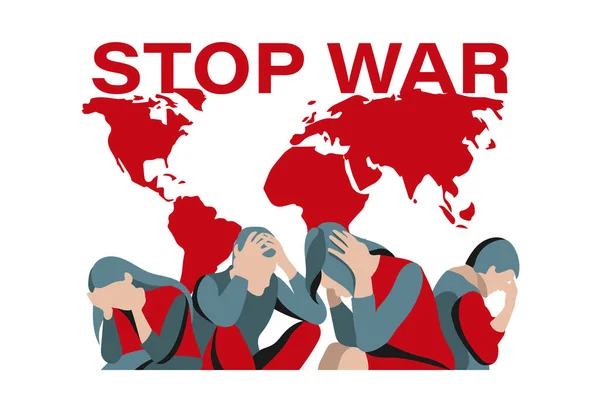 病媒说明停止战争 抽象平面人 世界地图 红色和蓝色 因白人背景而被隔离 — 图库矢量图片
