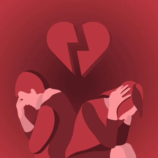 Vektorová Ilustrace Smutným Mužem Ženou Zlomeným Srdcem Červený Plochý Design — Stockový vektor