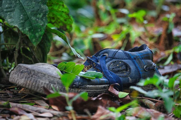 Gamla Och Smutsiga Blå Duk Sneakers Isolerade Grön Bakgrund — Stockfoto