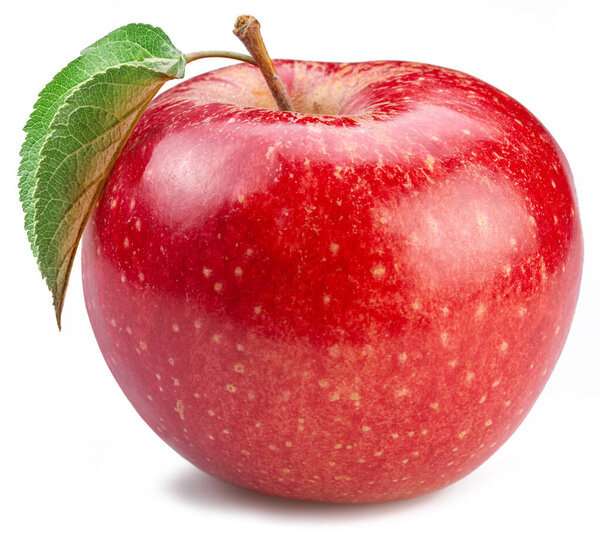 Плоды красного яблока с зеленым листом, изолированным на белом фоне.