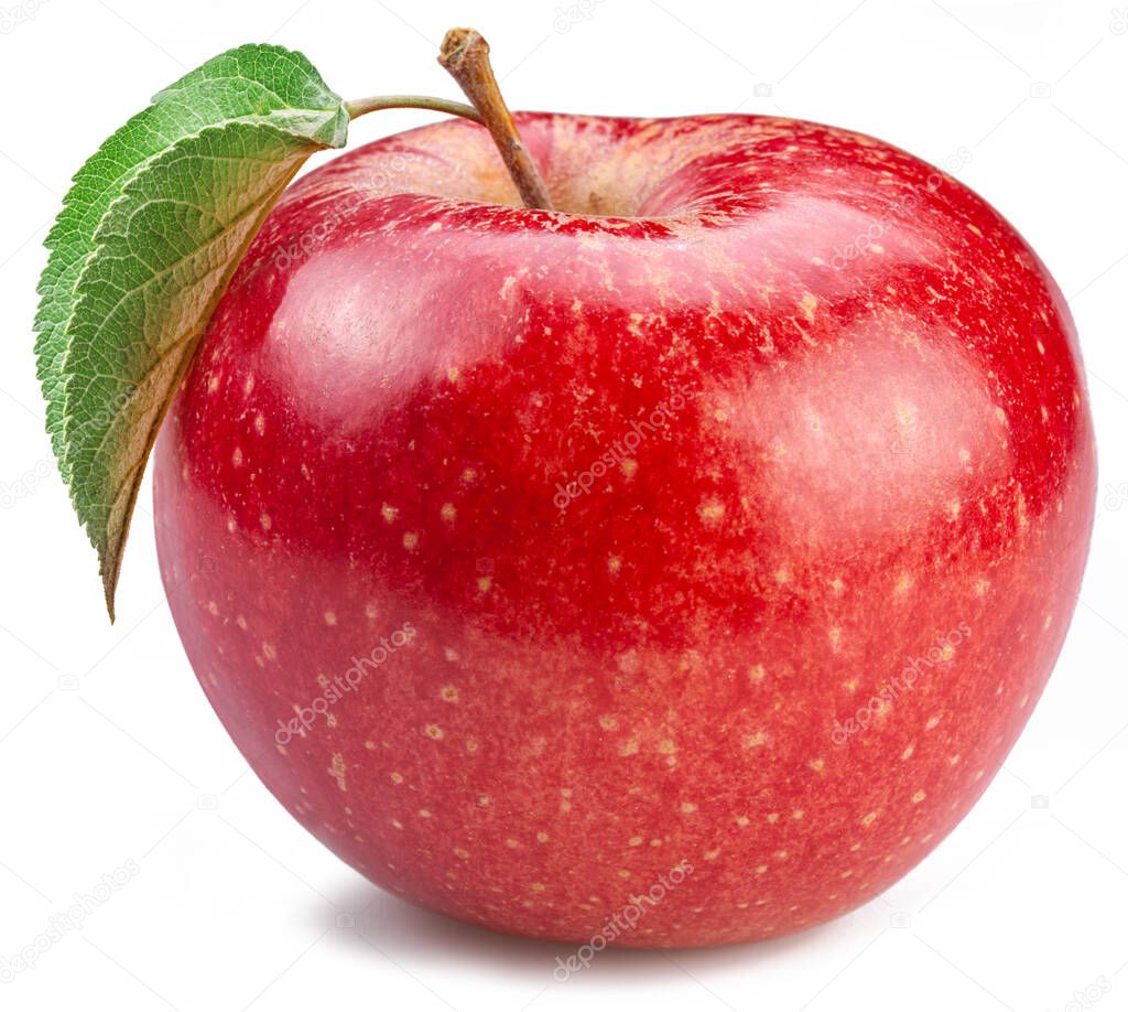 Perfect red apple fruit with green leaf isolated on white background.