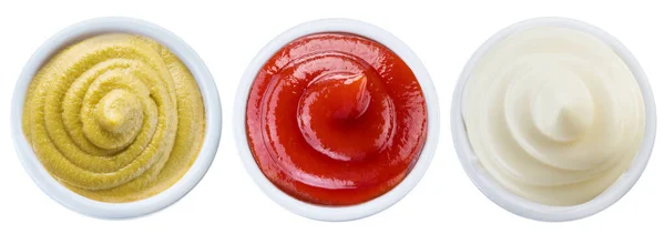 Schalen Met Drie Verschillende Sauzen Bovenaanzicht Bestand Bevat Clipping Pad — Stockfoto