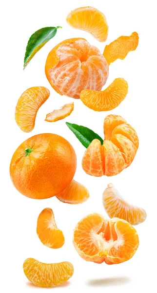 Levitating Ripe Mandarin Fruits Leaves Mandarin Slices White Background File — Stock Photo, Image