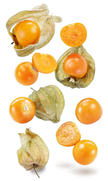 Levitating Ripe Physalis Golden Berry Fruits White Background File Contains — стоковое фото