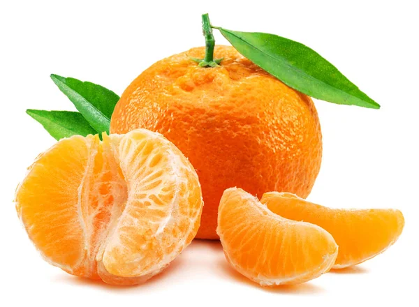 Frutti Mandarino Maturi Con Foglie Fette Mandarino Fondo Bianco — Foto Stock