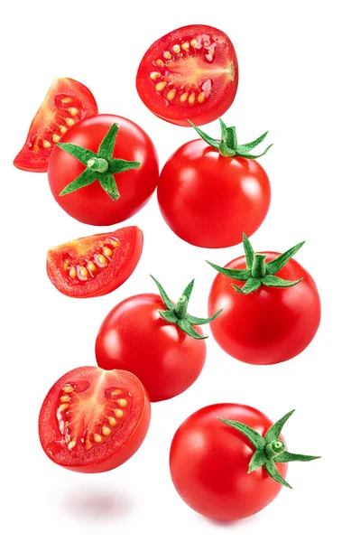 Falling Cherry Tomatoes Tomato Slices Isolated White Background Macro Shot — стоковое фото