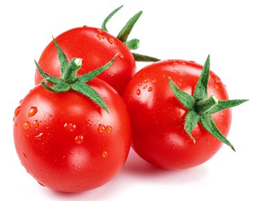 Washed cherry tomatoes with water drops isolated on white background. Macro shot. Popular worldwide product as ingredient in many mediterranean dishes.