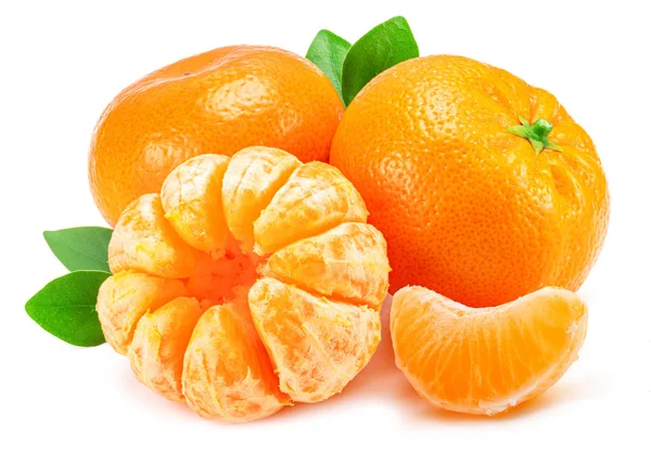 Ripe Mandarin Fruits Leaf Mandarin Slices White Background — Foto Stock