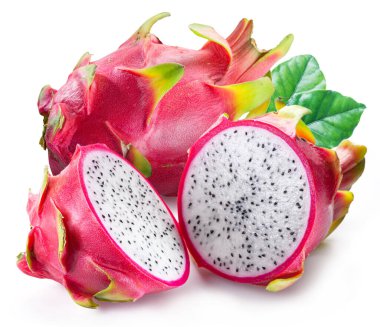 Dragon fruit and cross section of dragon fruit with white pulp with black crunchy seeds isolated on white.