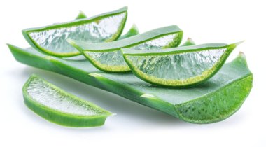 Cuts of aloe vera leaf macro shot. Fresh aloe vera leaves isolated on white background.