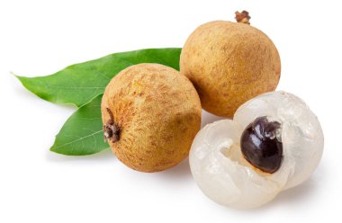 Longan fruits opened and unpeeled isolated on white background.