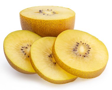 Golden kiwi fruit and cross cut of kiwi isolated on white background.