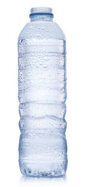 Plastic bottle of chilled water with condensation drops. File contains clipping path.
