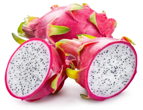 Dragon fruit and cross section of dragon fruit with white pulp with black crunchy seeds isolated on white.