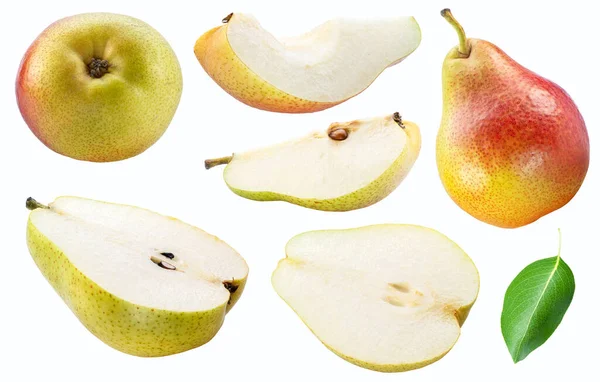 Set Pears Pear Slices White Background File Contains Clipping Path — стоковое фото