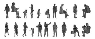 Vektör illüstrasyonu, insanların ana hatları, Contour çizimi, insanların silueti, ikon kümesi izole edilmiş, oturan insanların silueti, mimari set